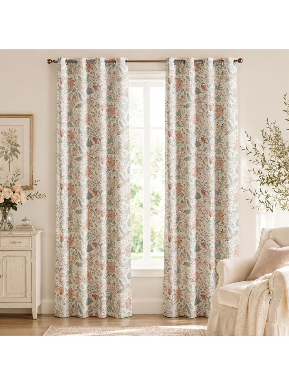 NWT 2pack 52"x84" Cottage Botanical Floral Blackout Curtain Set In Cream/Pink